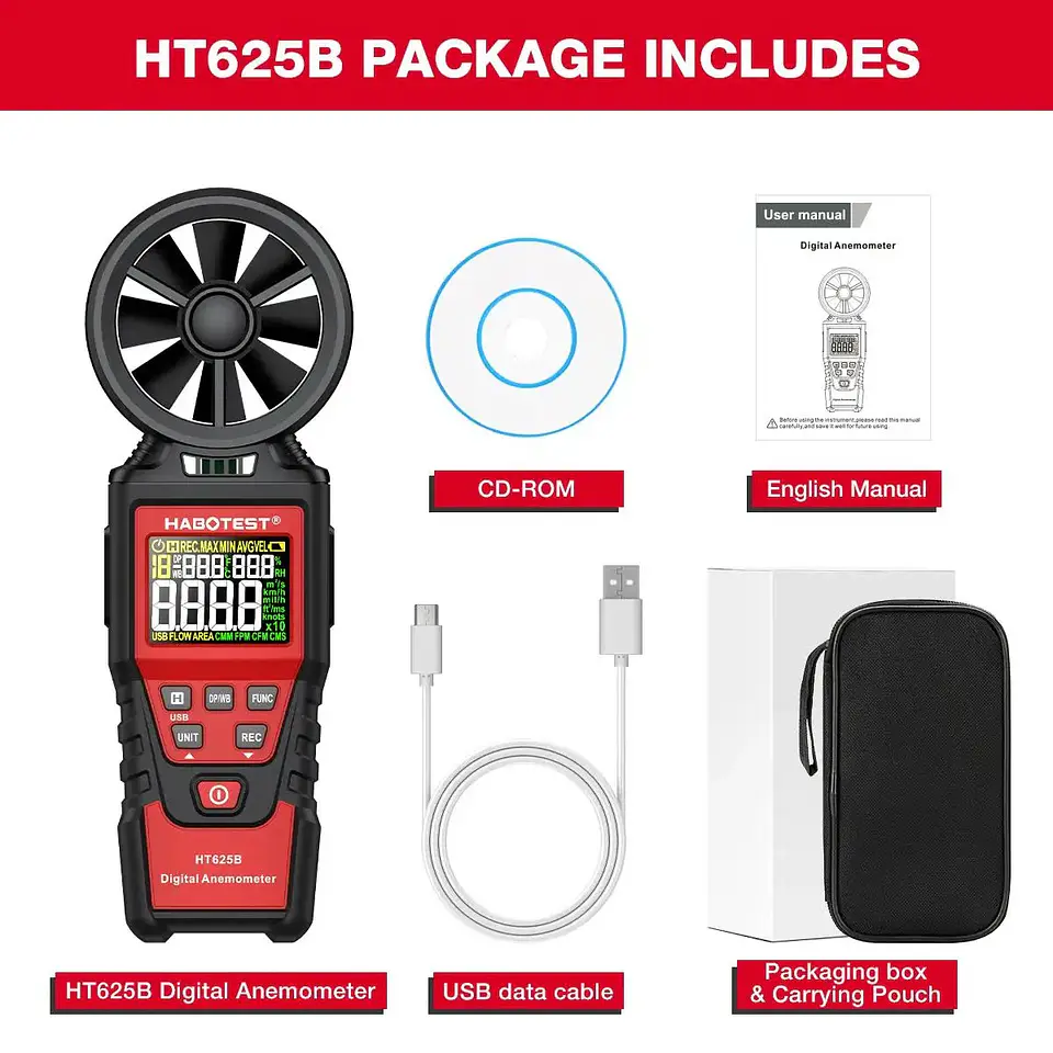 Anemometro HABOTEST HT625B Velocidad del Viento Profesional 16