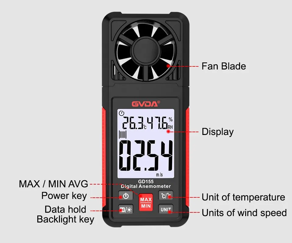 Anemómetro Termómetro Digital GVDA GD155 Velocidad Viento 2