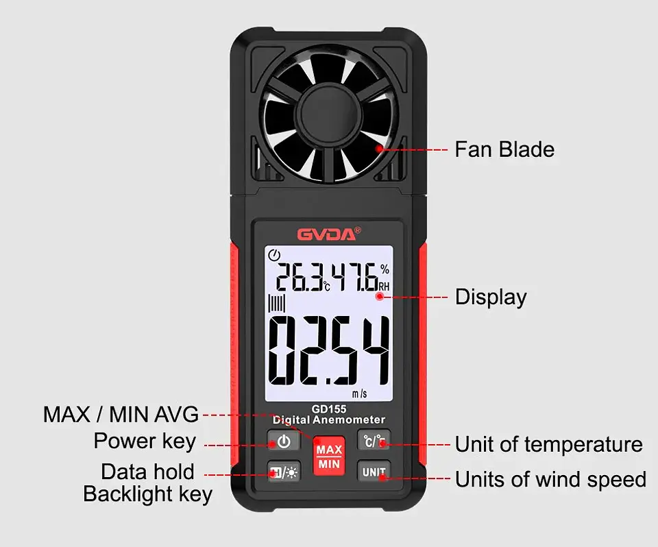 Anemómetro Termómetro Digital GVDA GD155 Velocidad Viento 2