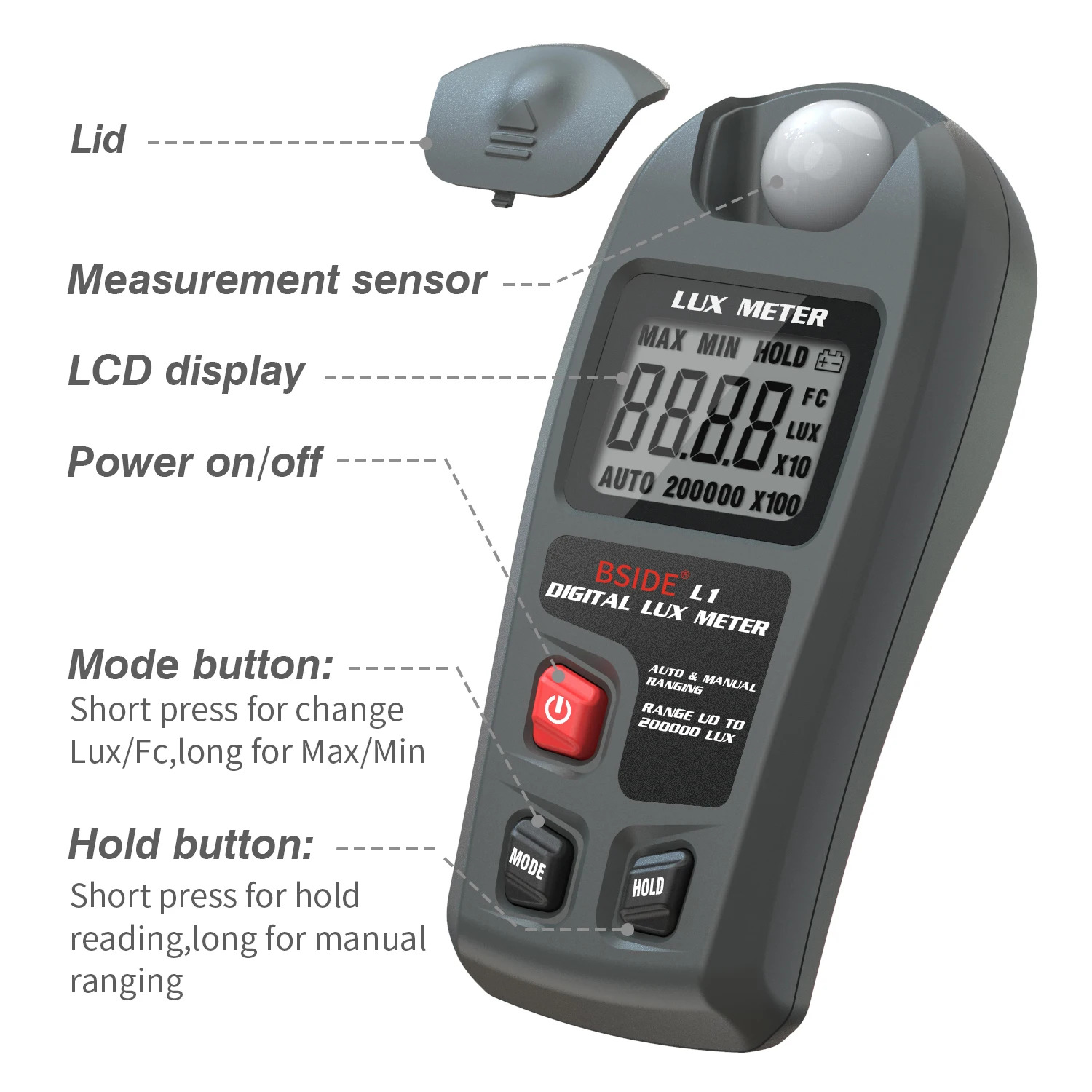 Luxómetro Digital Medidor de Luz BSIDE L1 200000 Lux 7