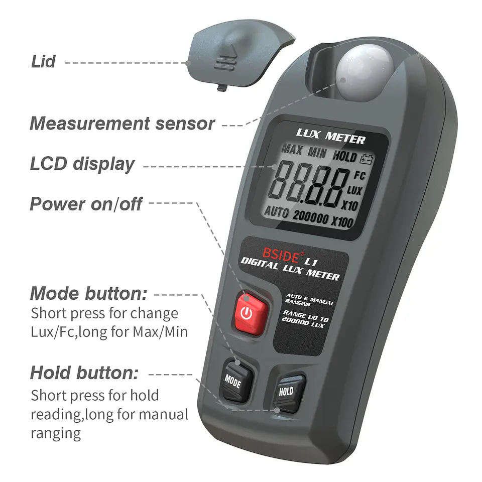 Luxómetro Digital Medidor de Luz BSIDE L1 200000 Lux 7