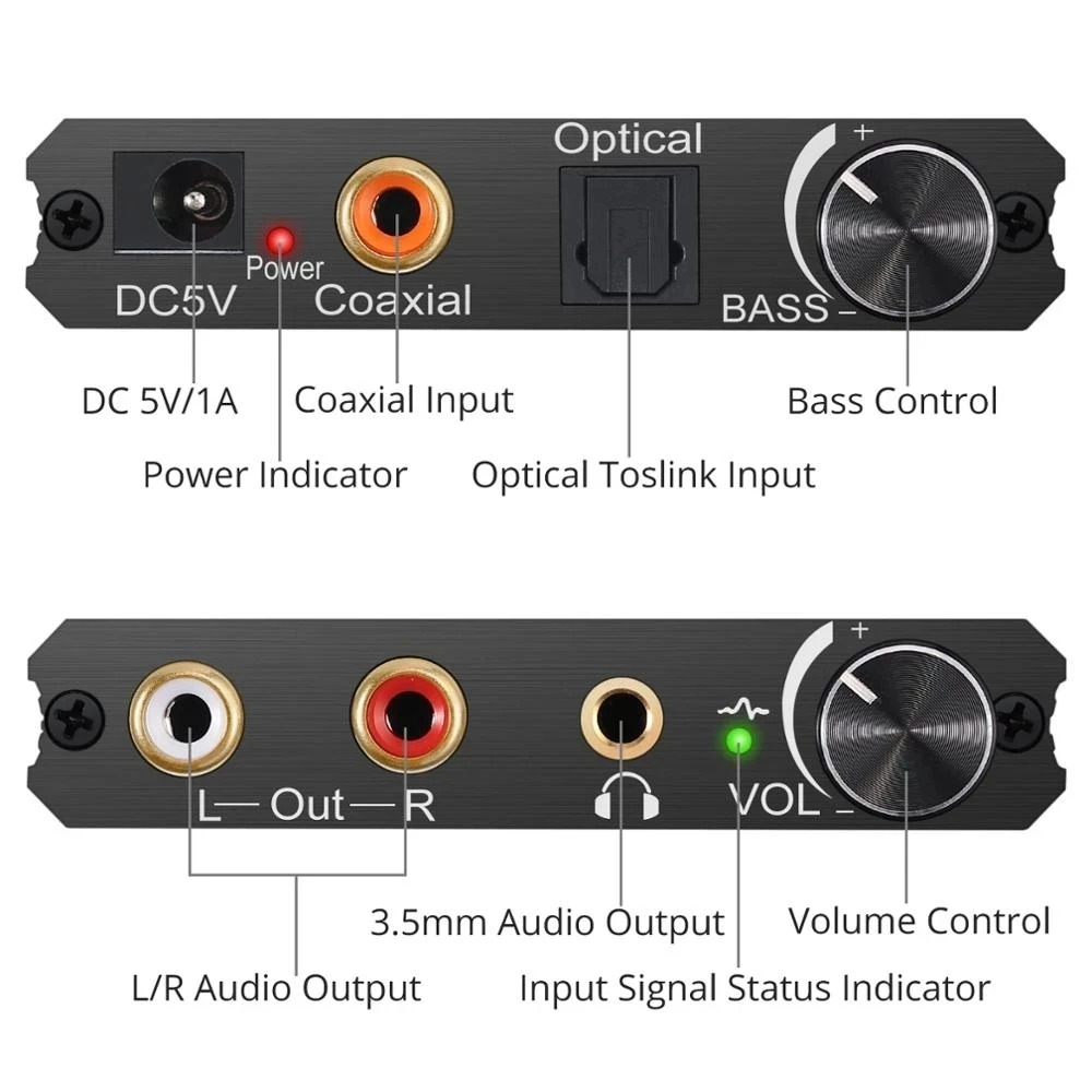 Conversor Audio Digital Óptico A Rca Control Vol Y Bass 192k 2