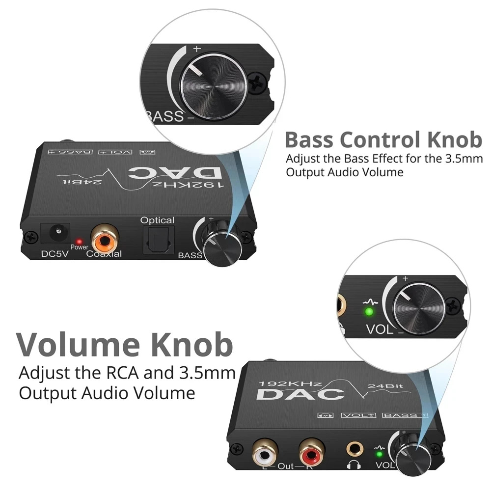 Conversor Audio Digital Óptico A Rca Control Vol Y Bass 192k 4