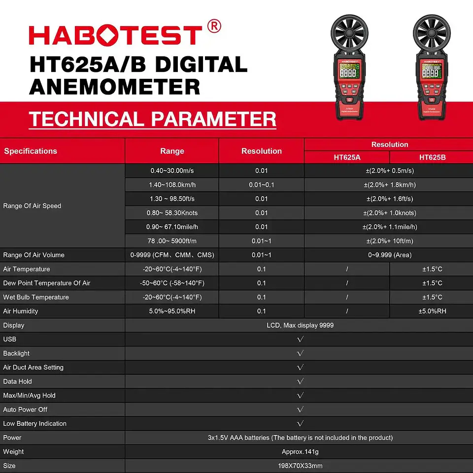 Anemometro Habotest HT625A Velocidad del Viento Profesional 6