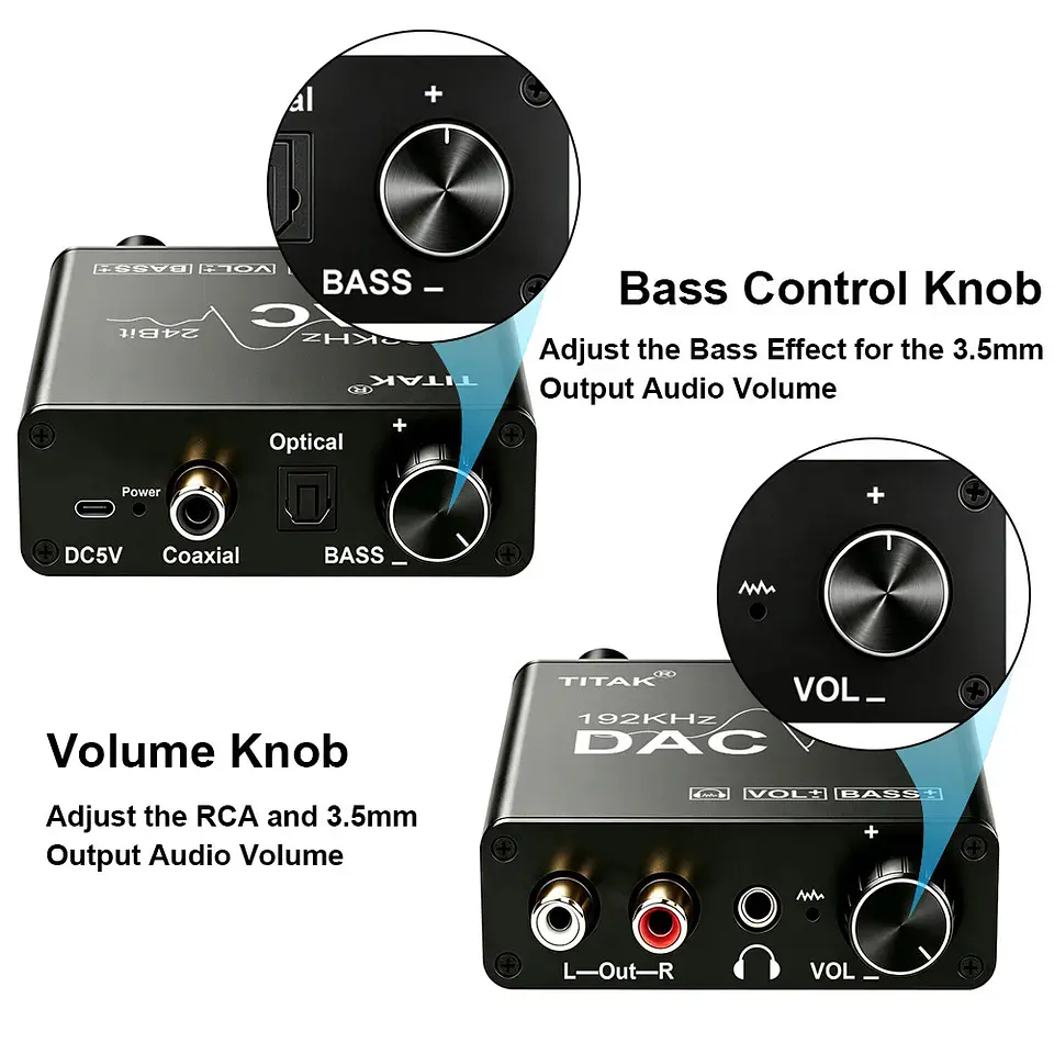 Conversor de Audio DAC Titak Óptico a RCA Control Vol y Bass 6