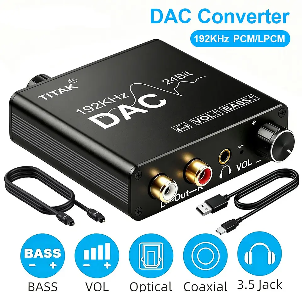 Conversor de Audio DAC Titak Óptico a RCA Control Vol y Bass 4