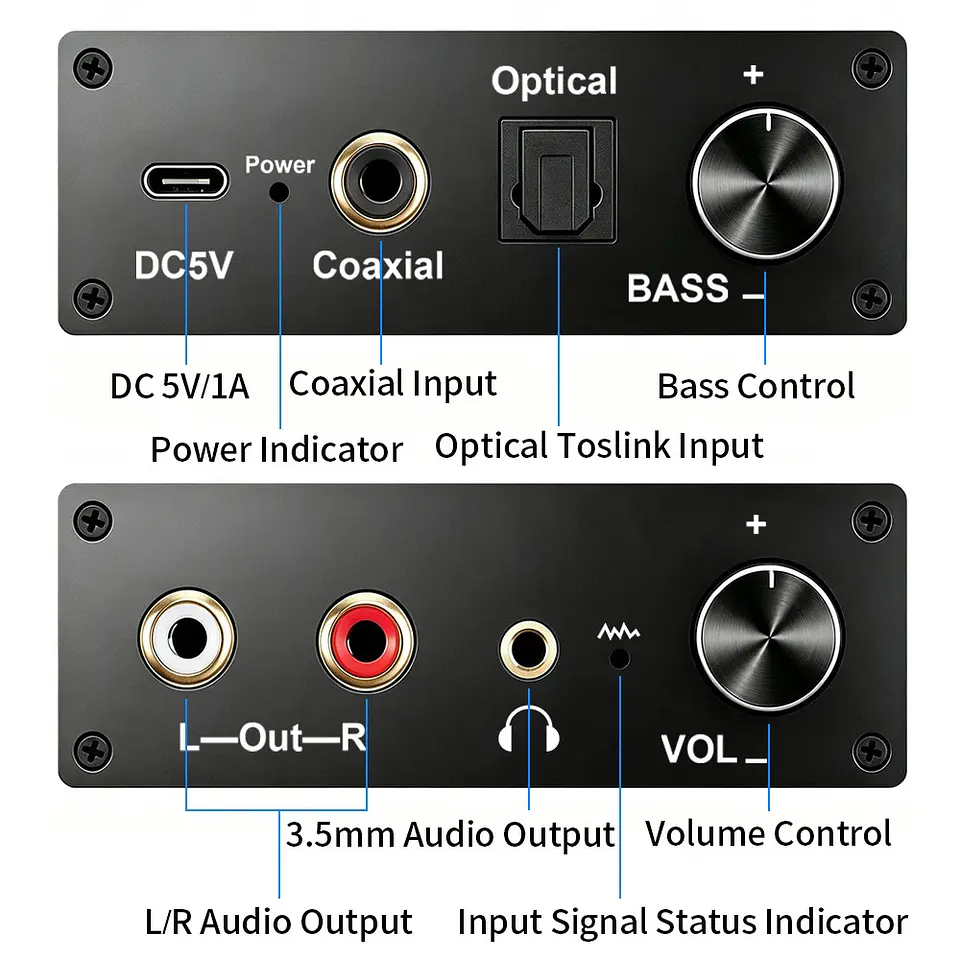 Conversor de Audio DAC Titak Óptico a RCA Control Vol y Bass 5