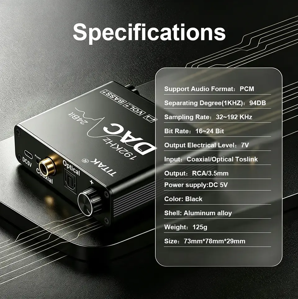 Conversor de Audio DAC Titak Óptico a RCA Control Vol y Bass 12