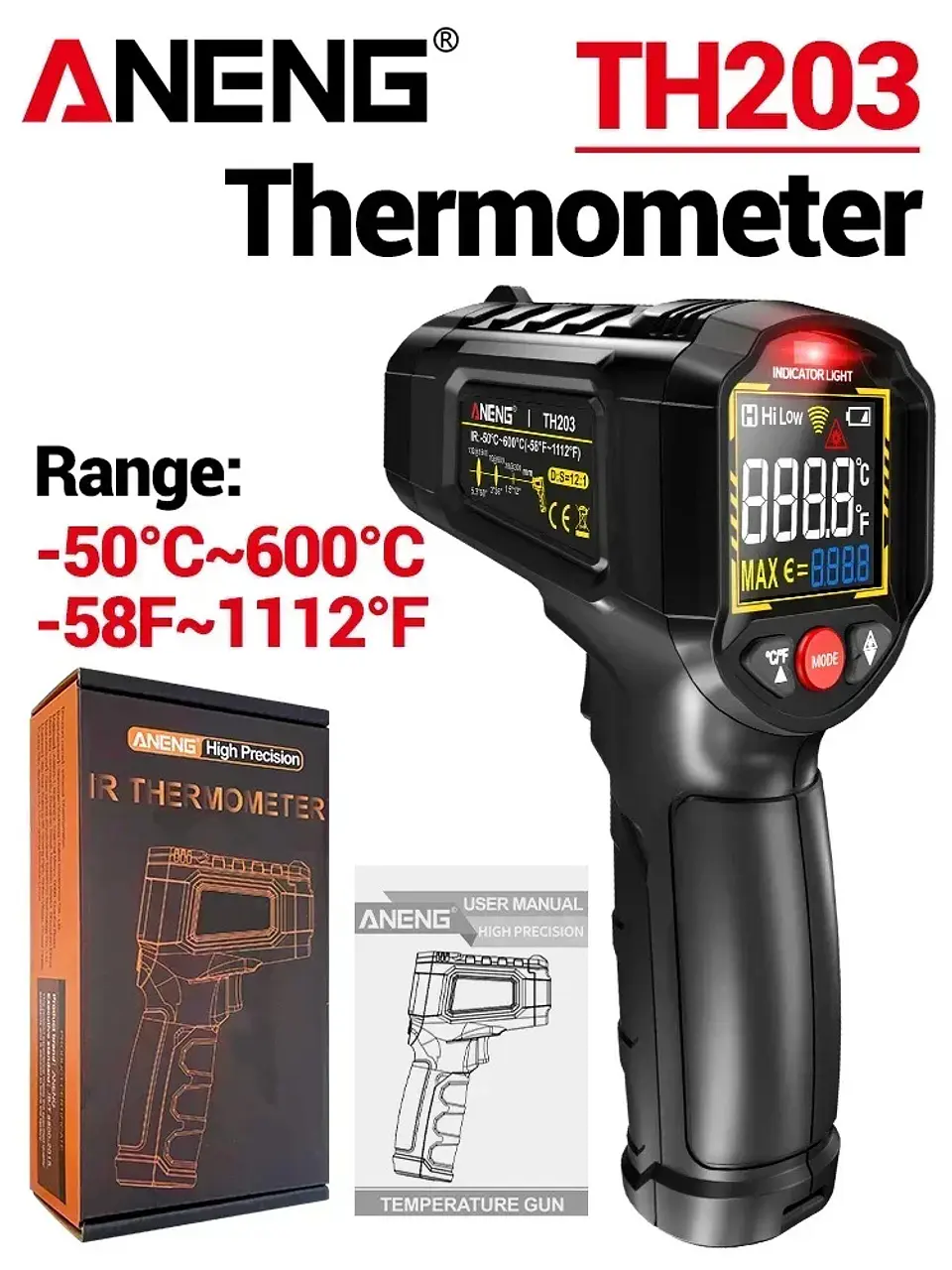 Termómetro Infrarrojo Industrial ANENG TH203 -50 A 600 °C 2