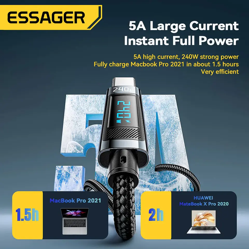 Cable Essager USB-C a USB-C 240W Carga Rápida con Pantalla 3