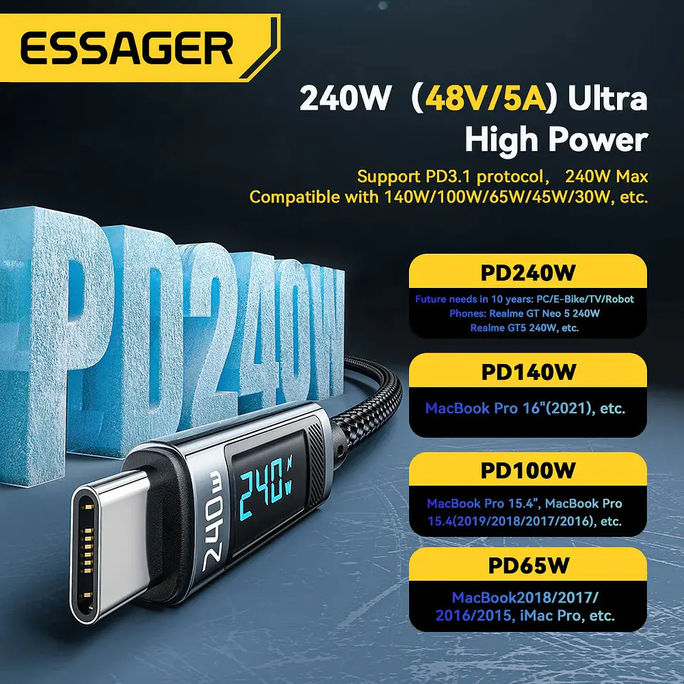 Cable Essager USB-C a USB-C 240W Carga Rápida con Pantalla 4