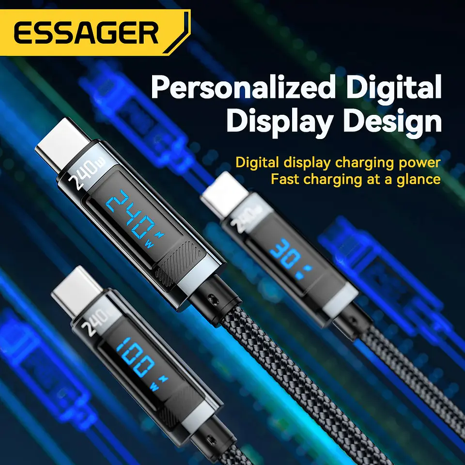 Cable Essager USB-C a USB-C 240W Carga Rápida con Pantalla 7