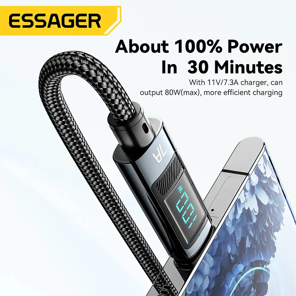 Cable Essager USB a USB-C 100W Carga Rápida con Pantalla 7A 3