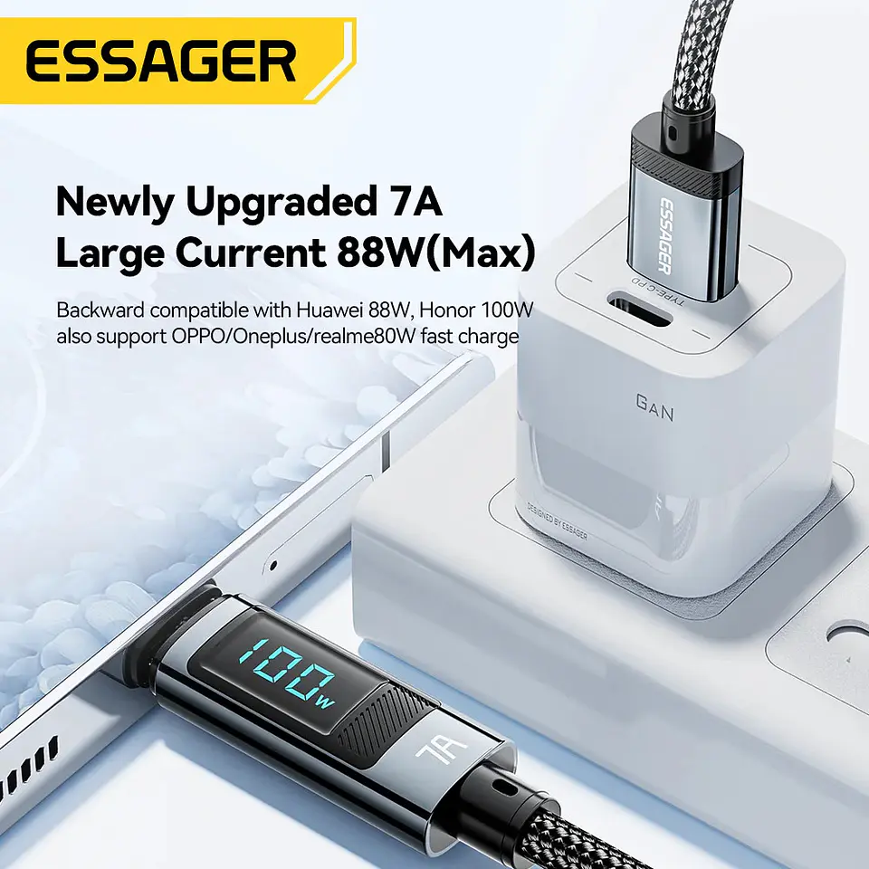 Cable Essager USB a USB-C 100W Carga Rápida con Pantalla 7A 7