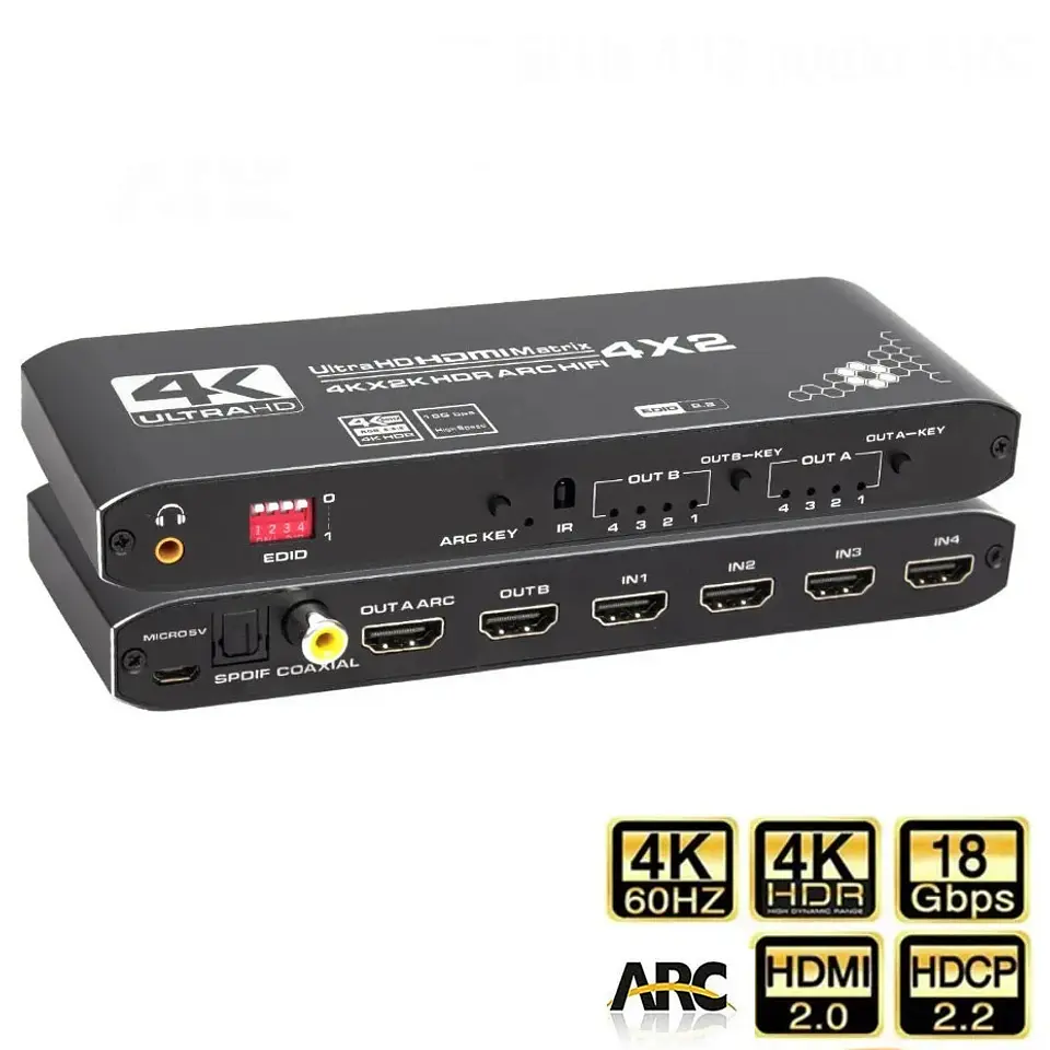 Matriz Switch HDMI 4x2 4K 60Hz HDR Extractor Audio ARC eARC 2