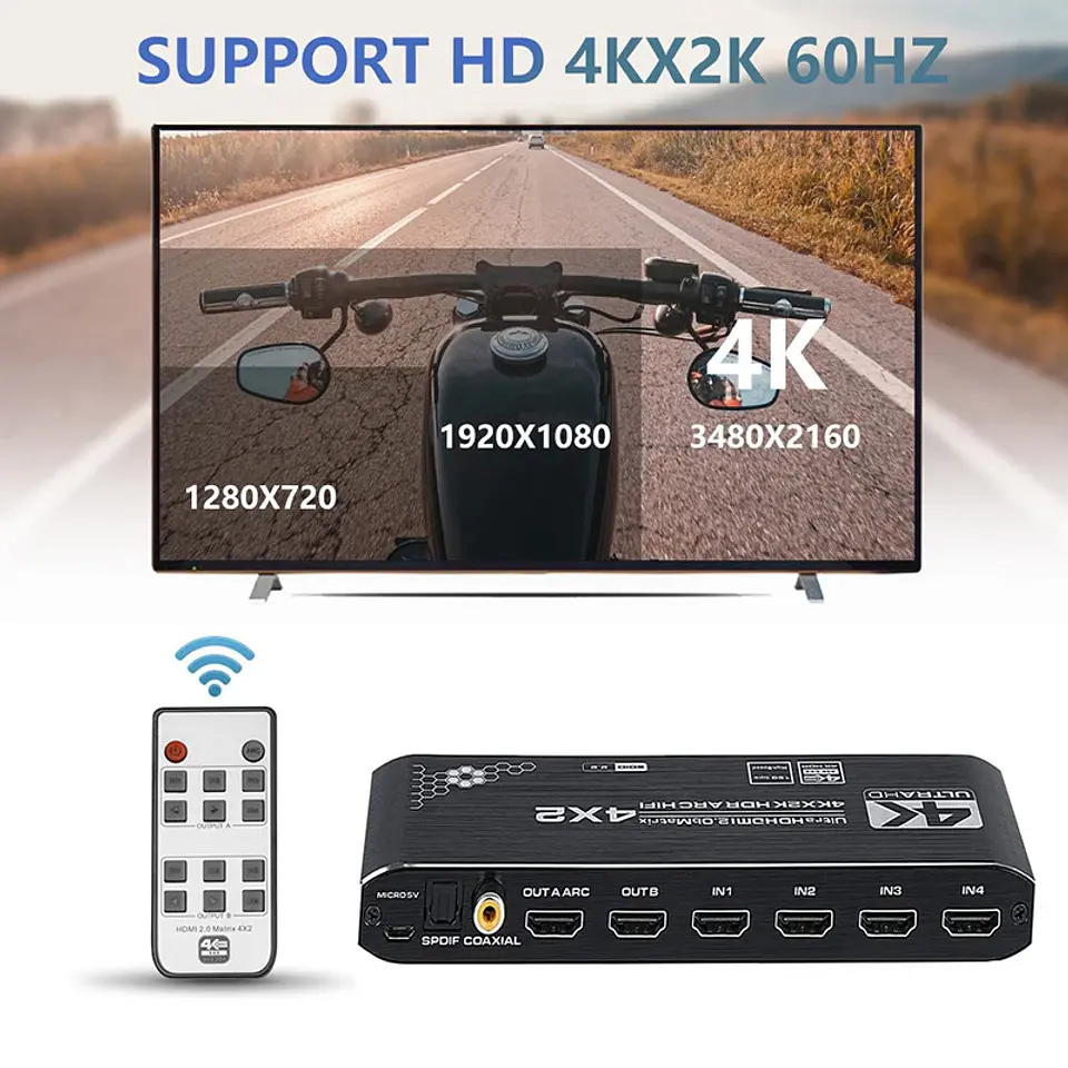 Matriz Switch HDMI 4x2 4K 60Hz HDR Extractor Audio ARC eARC 5
