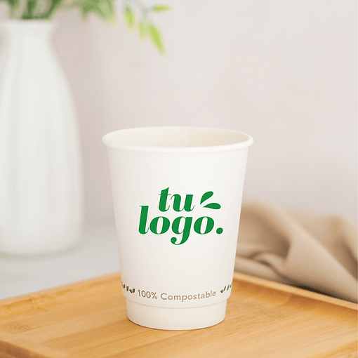 Vaso de Café Blanco Doble Pared 12 oz - Compostable + Logo (1 Color y 1 Cara)