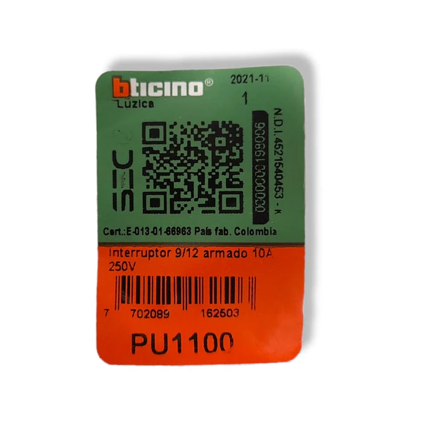 Interruptor Simple 9/12 10A Luzica Bticino Pu1100 3