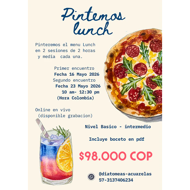 Taller online (en vivo ) Menu Delicioso en eacuarela