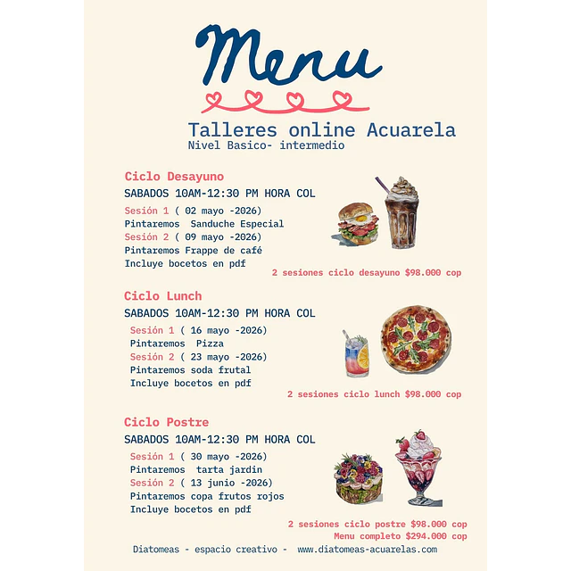Taller online (en vivo ) Menu Delicioso en acuarela