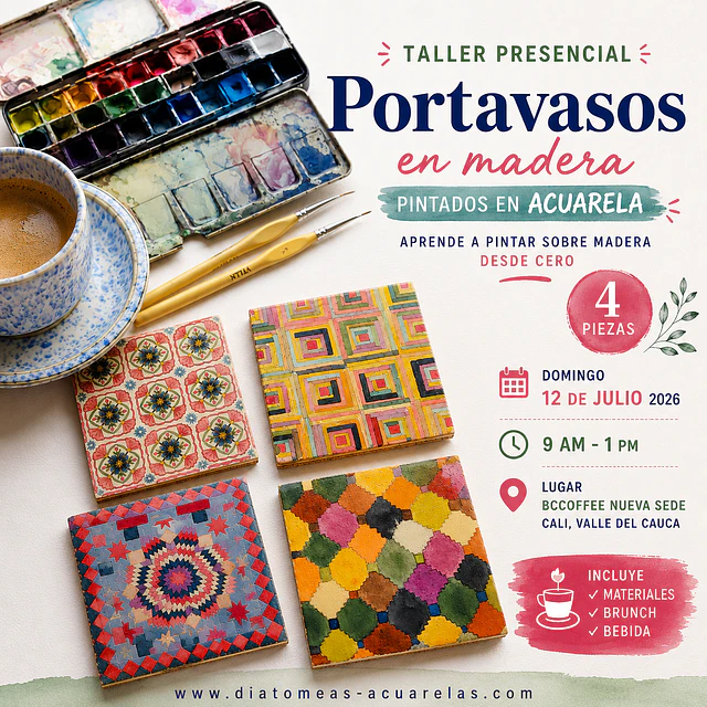 Taller Presencial – Portavasos madera  pintados con acuarela (Cali)
