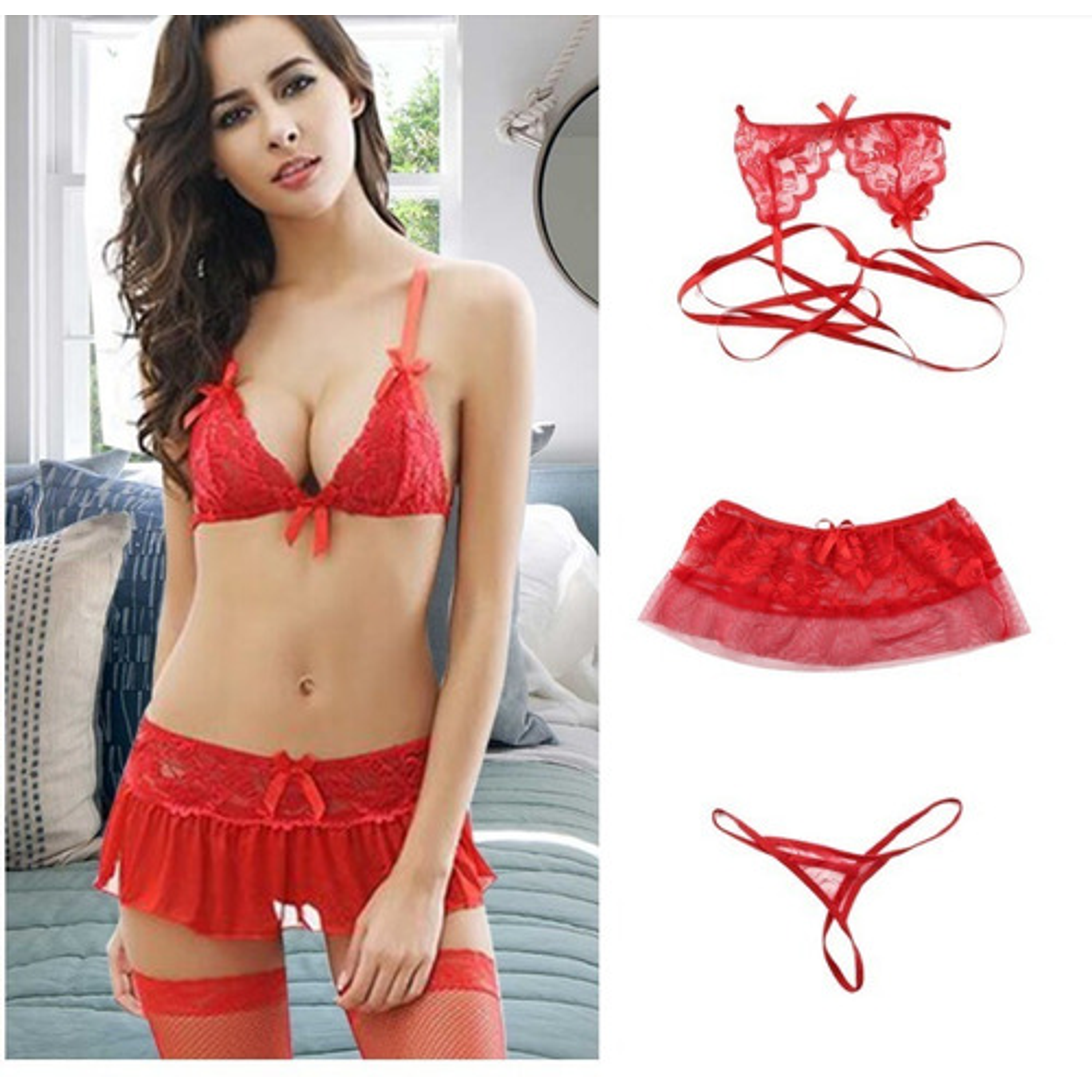 Sexy Vestido Transparente Con Flores - Rojo 2