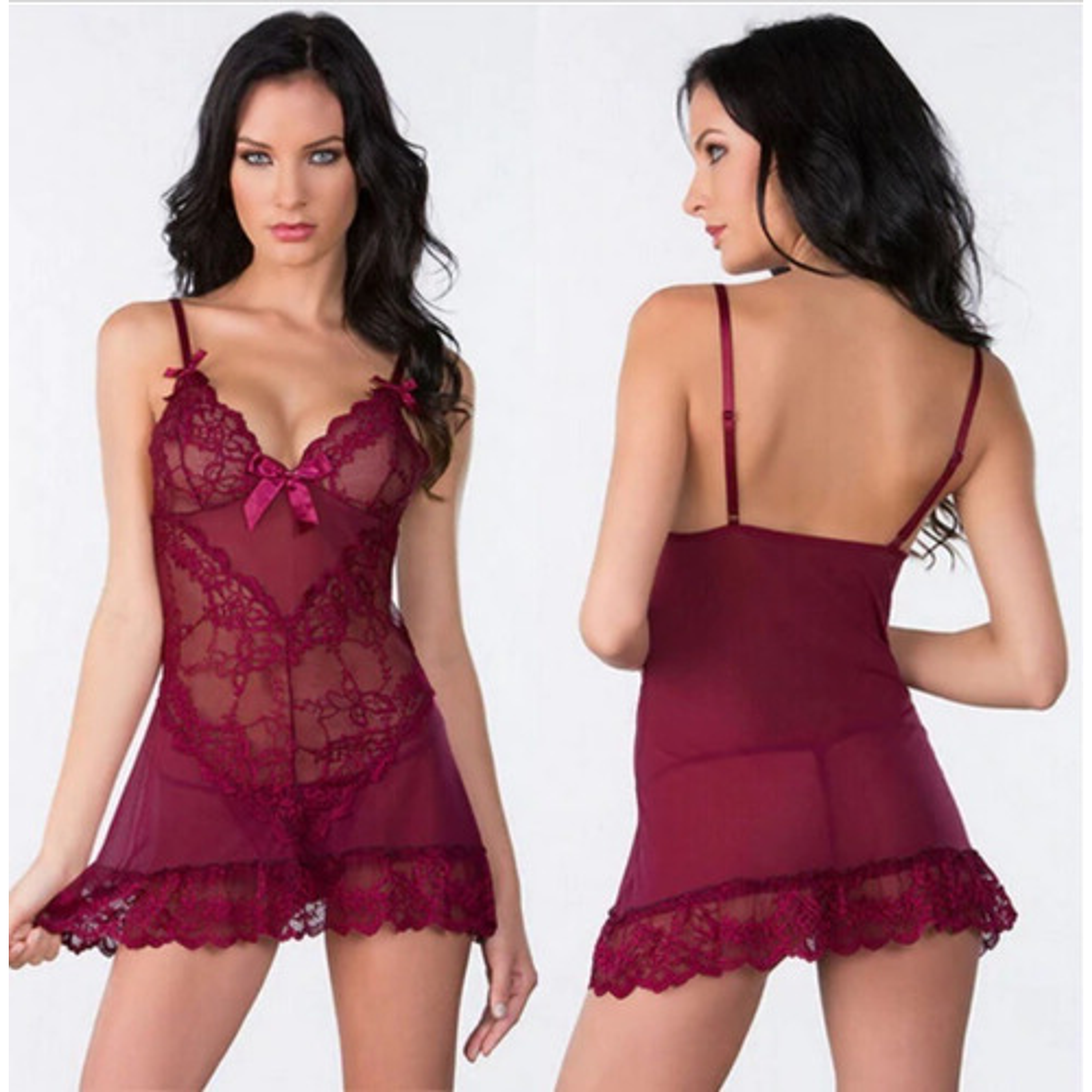 Sexy Vestido Erótico - Lencería Sin Espalda - Rojo Vino 3