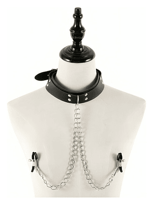 Collar Con Dos Pinzas Para El Pezón - Negro