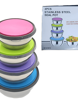 4 Tazones De Acero Inoxidable Con Tapa