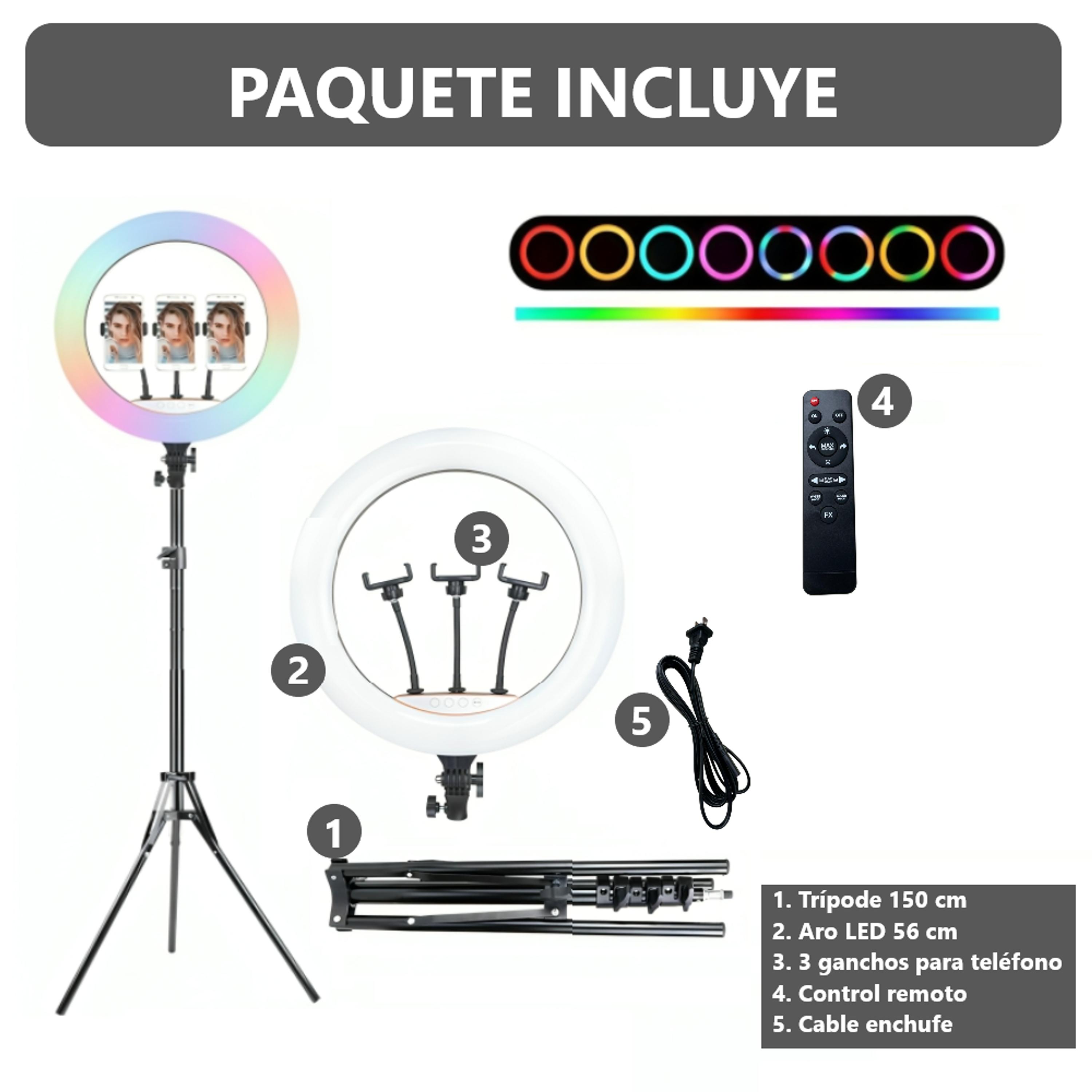 Aro anillo luz led 56cm + Tripode 1.50 mt + 3 Soportes de Celular 5