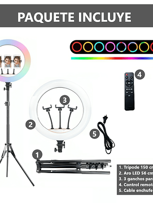 Aro anillo luz led 56cm + Tripode 1.50 mt + 3 Soportes de Celular