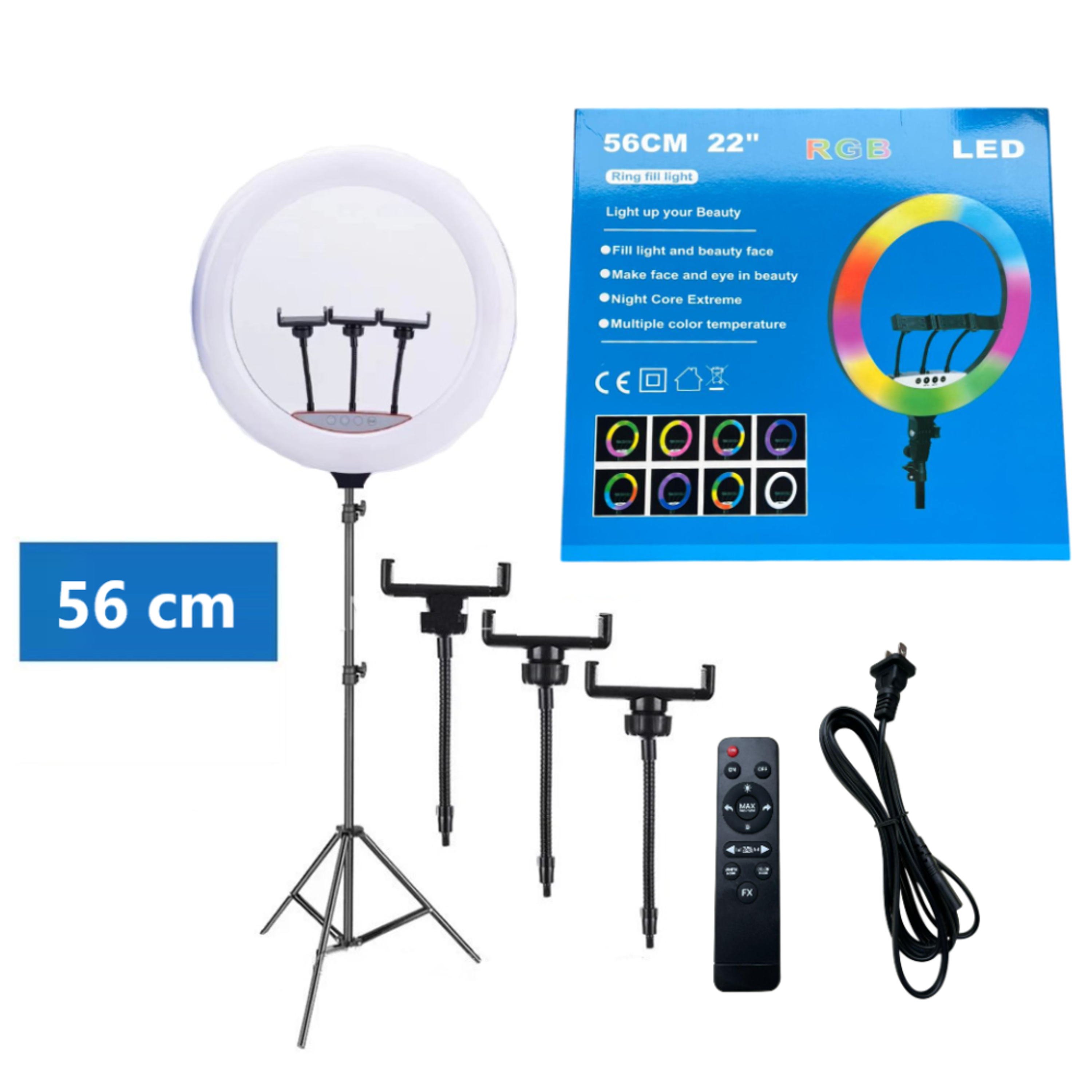 Aro anillo luz led 56cm + Tripode 1.50 mt + 3 Soportes de Celular 1