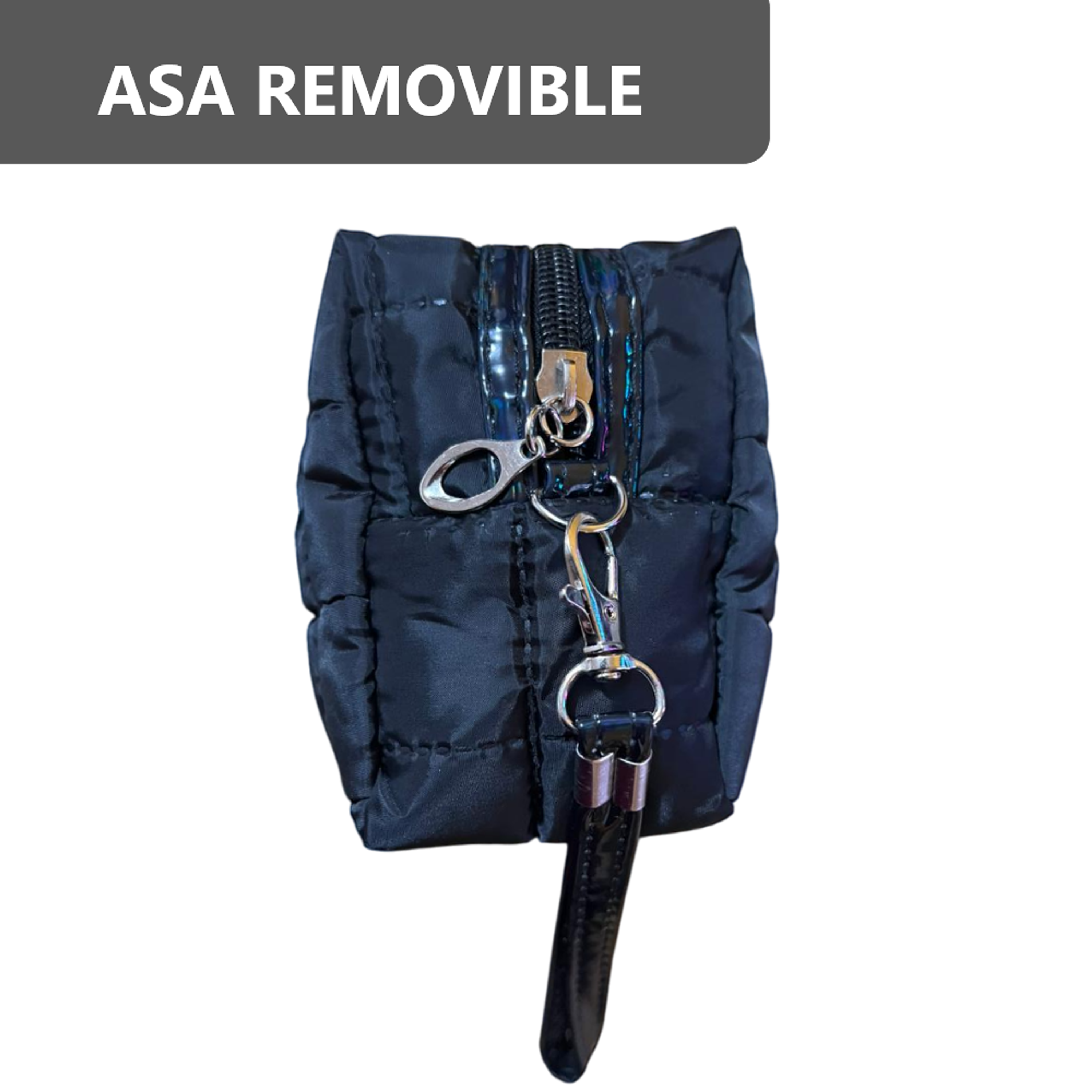 Cosmetiquera Fashion Puffer Amplia y Correa Brillante 15