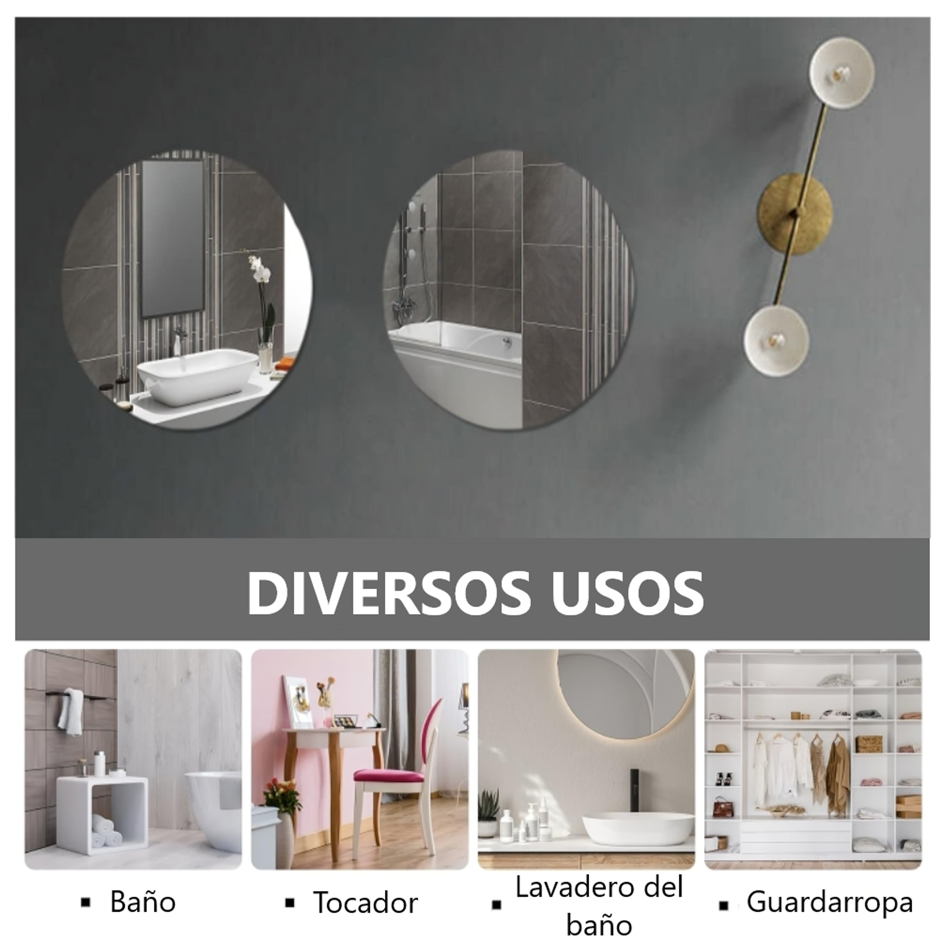 Pack x4 Espejos Adhesivo Circular y Rectangular Decorativo Sticker 3