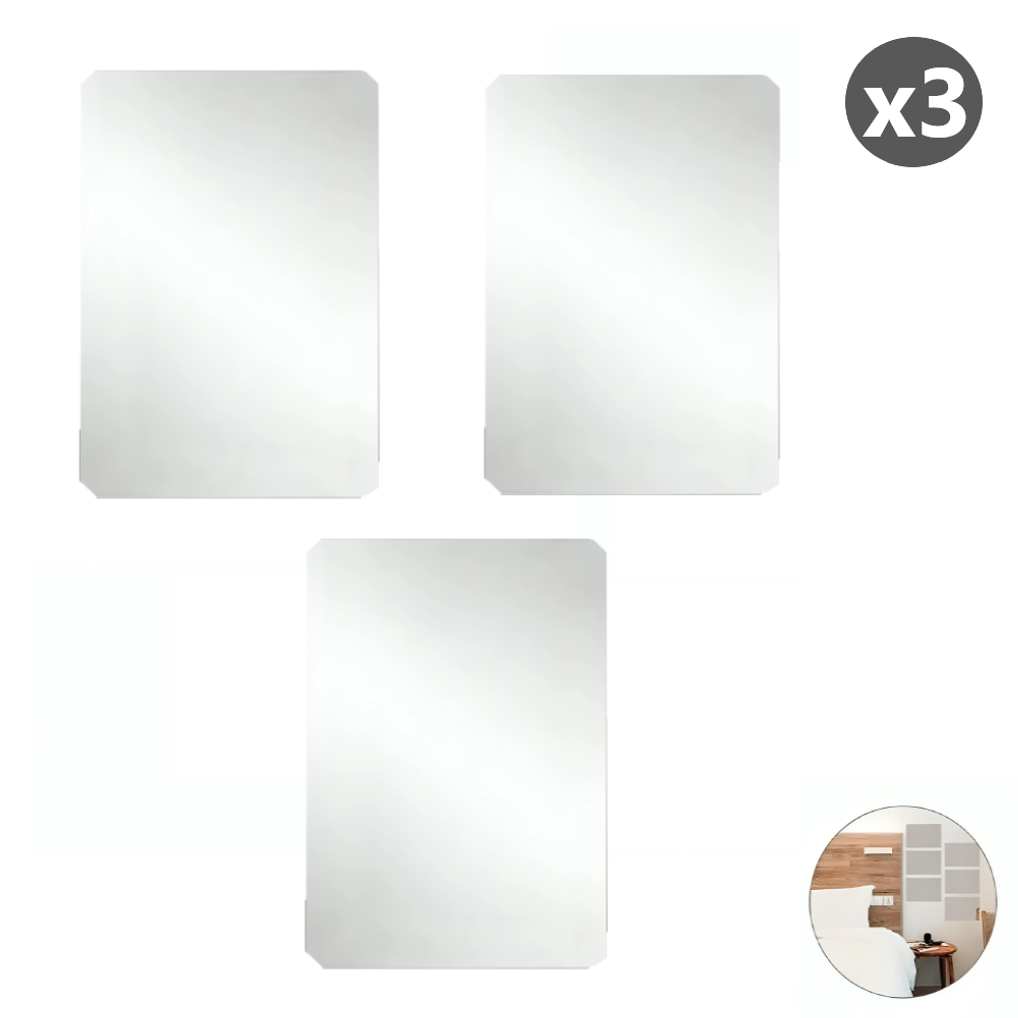 Pack x3 Espejos Adhesivo Rectangular Decorativo Sticker - 30cm x 20cm 1
