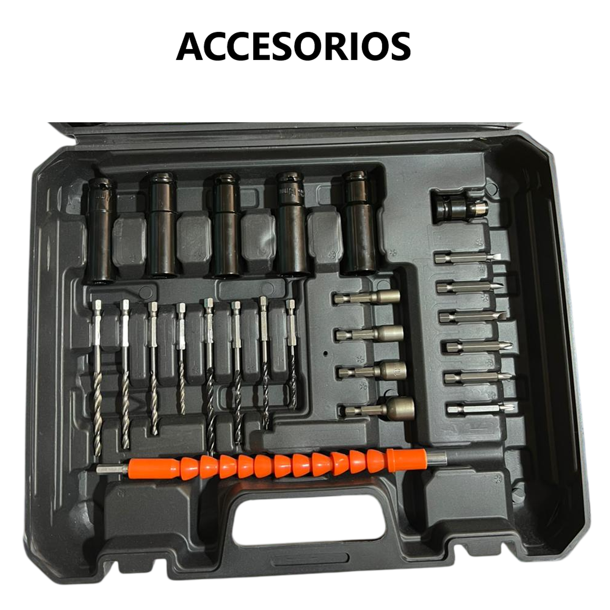 Taladro con 2 baterias y cargador con estuche de piezas 7