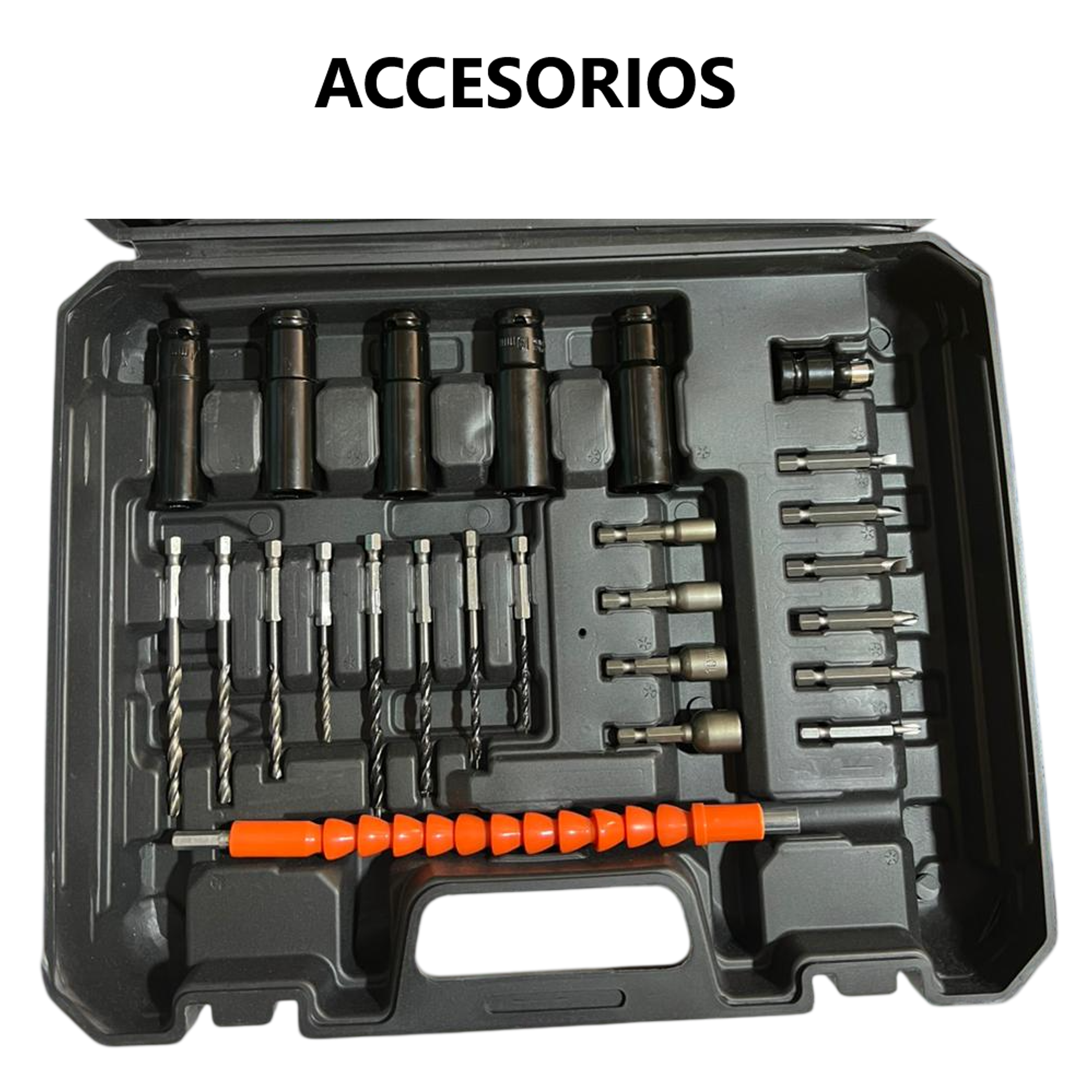 Taladro con 2 baterias y cargador con estuche de piezas 7