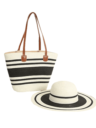 Set de Playa Bolso Grande de Rayas con Sombrero Elegante