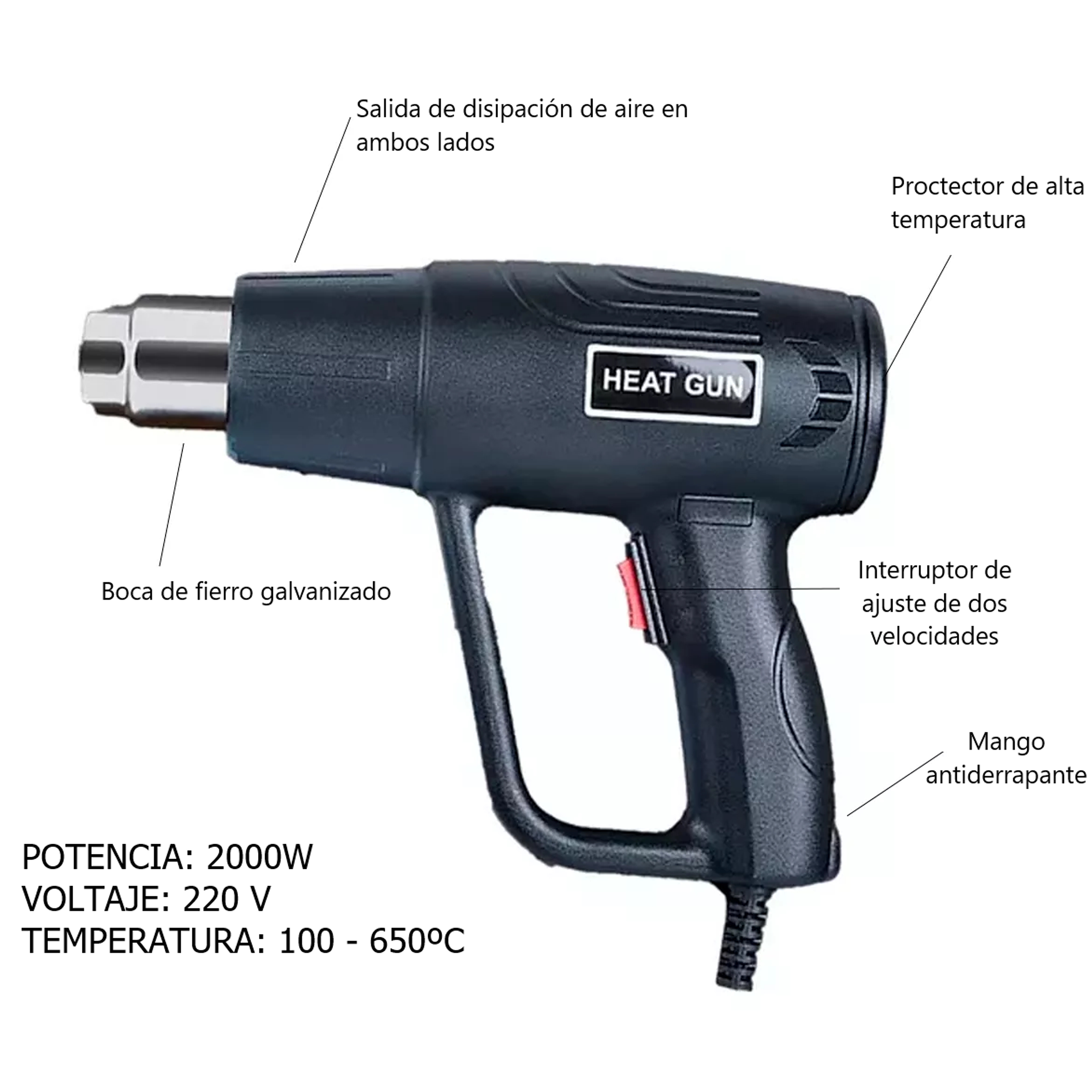 Soplador térmico Pistola de Calor 2000 W Color negro 220V 4