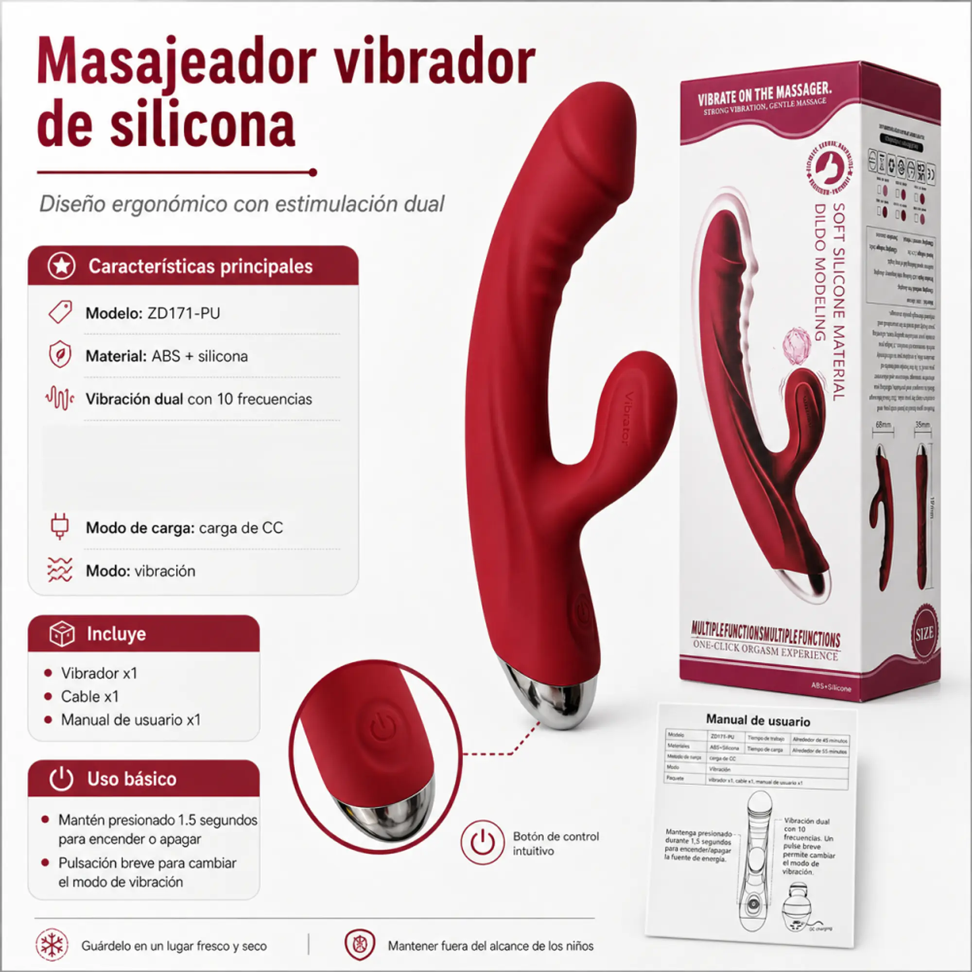 Potente vibrador de 2 sensación 10 modos de vibración - 19.5cm x 3cm 5