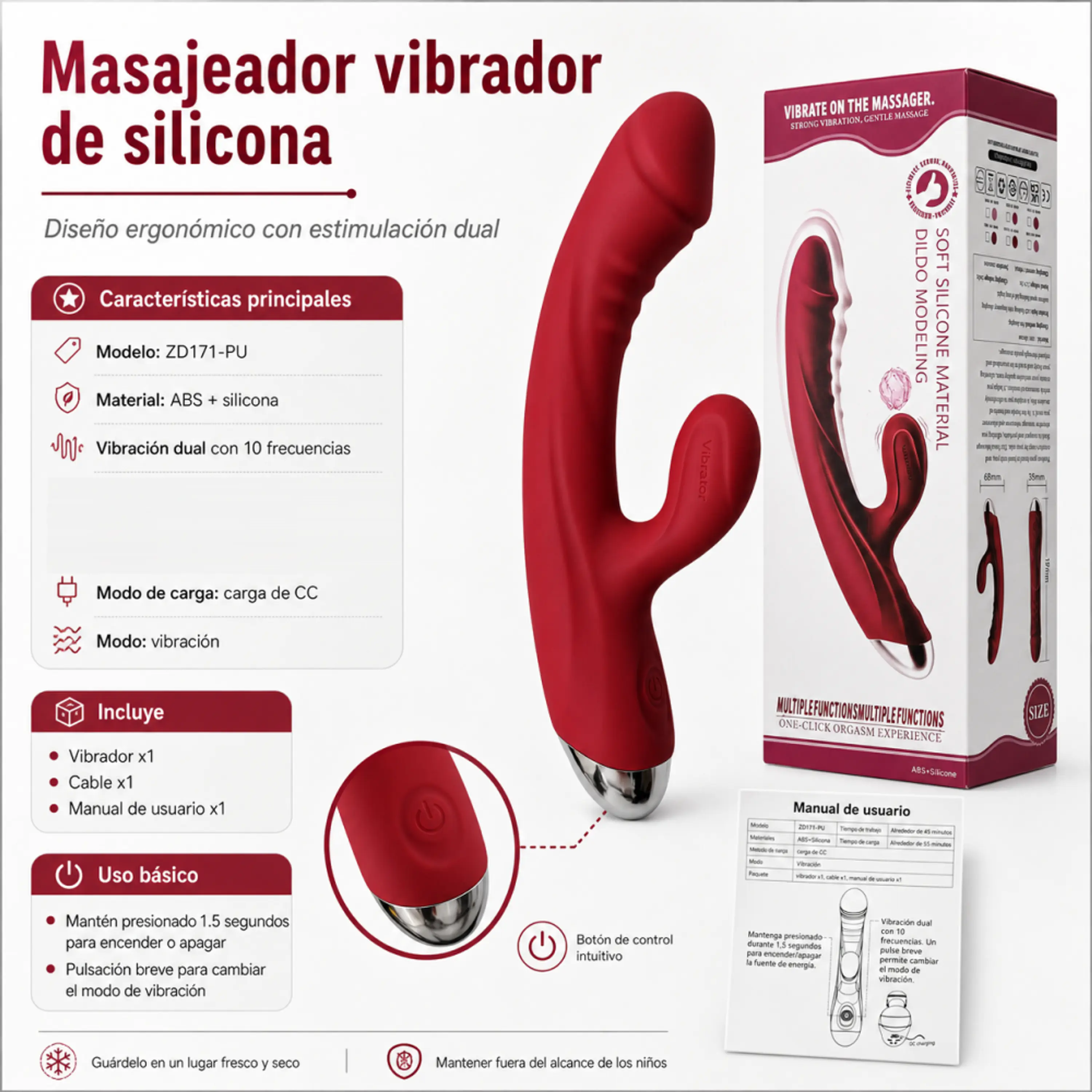 Potente vibrador de 2 sensación 10 modos de vibración - 19.5cm x 3cm 5