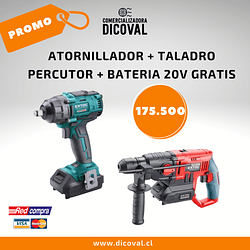 PROMO ATORNILLADOR + TALADRO PERCUTOR + BATERIA 20V GRATIS 