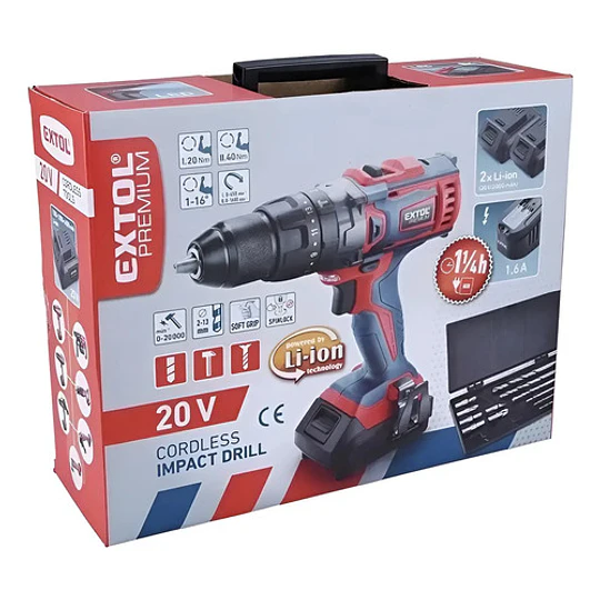 Taladro Atornillador Inalambrico 20v, 2 Bat Set Puntas Extol - Image 1