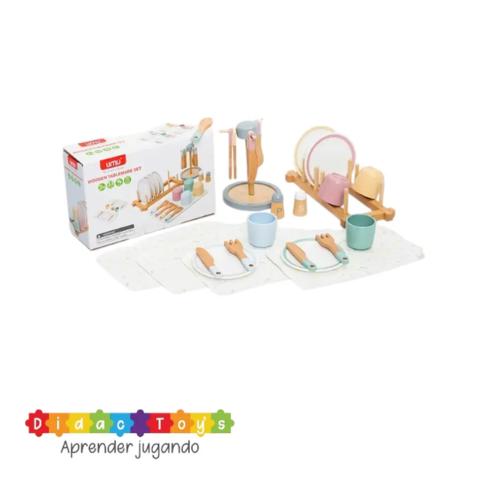 Juego platos de madera, tazas, cubiertos para niños 3
