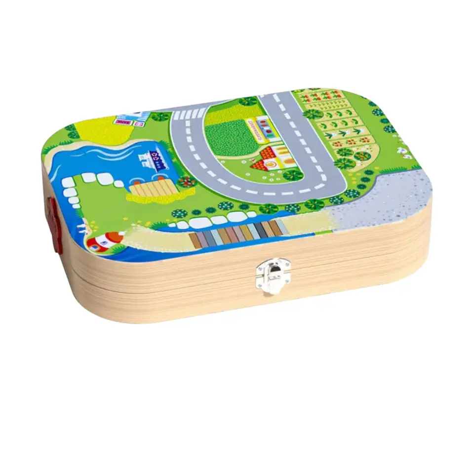 Pista Juguete de Madera Trenes- autos maleta portátil 5