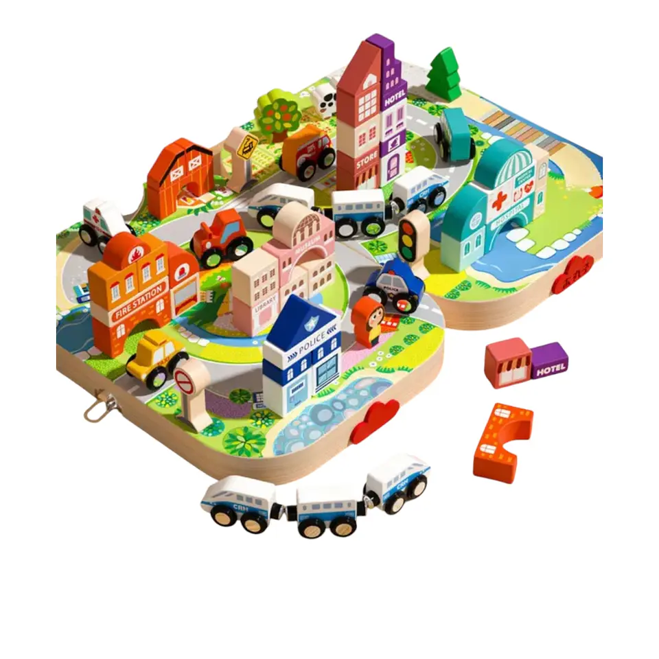 Pista Juguete de Madera Trenes- autos maleta portátil 1