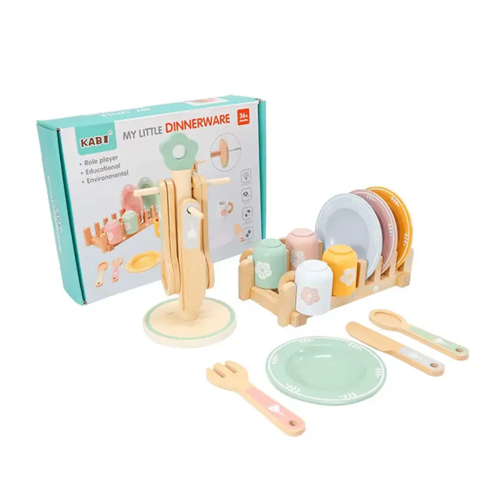 Juego de Vajilla de Madera – Juguete Didáctico de 21 Piezas para Niños  1
