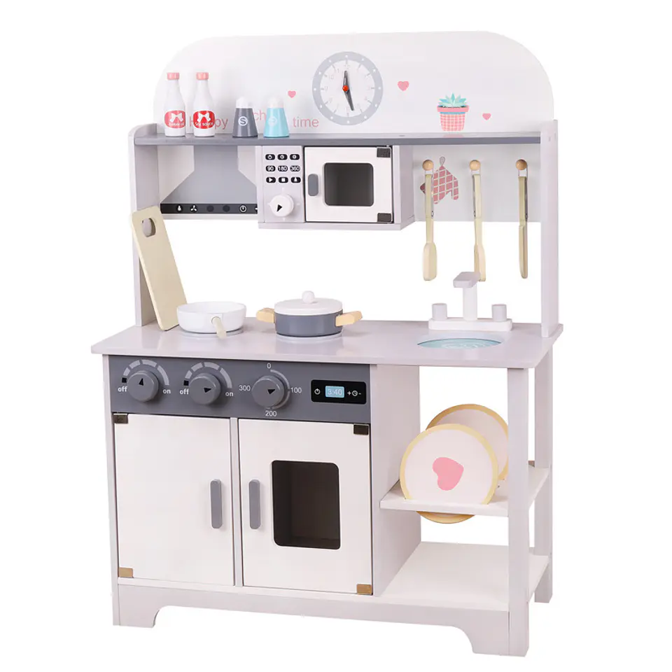 Cocina de madera blanca con refrigerador 3