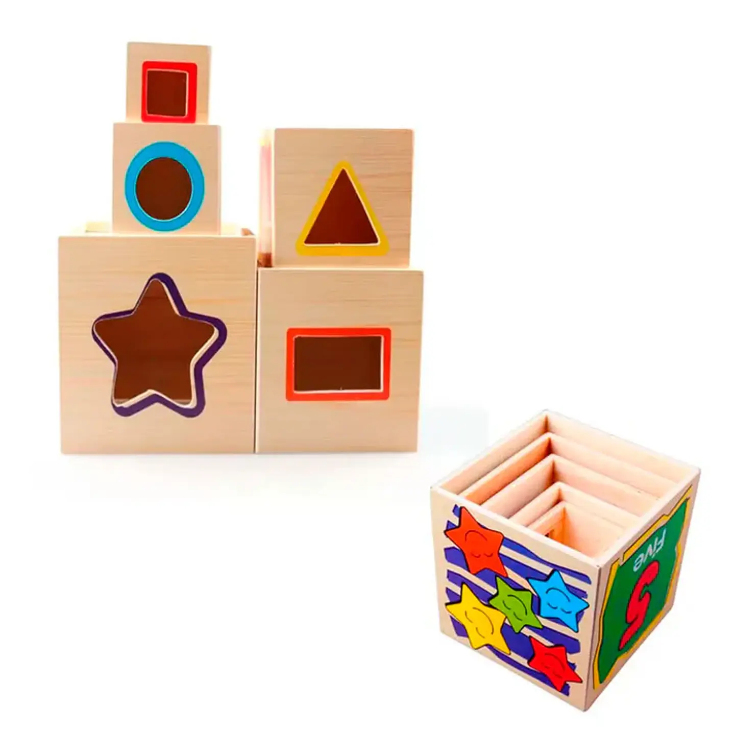 5 Cubos apilables de madera. 6