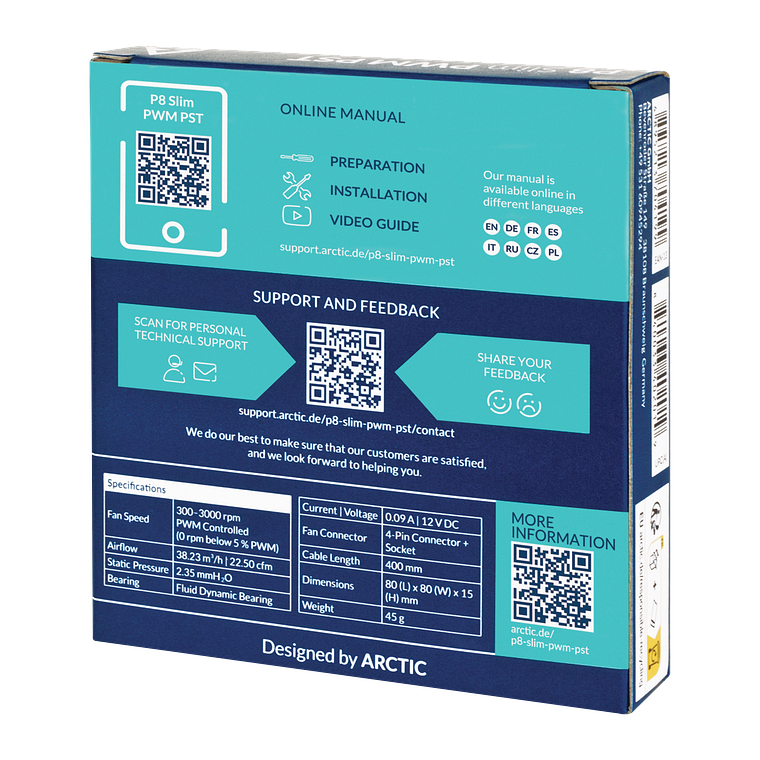 Ventilador Arctic P8 SLIM PWM PST 80mm 3